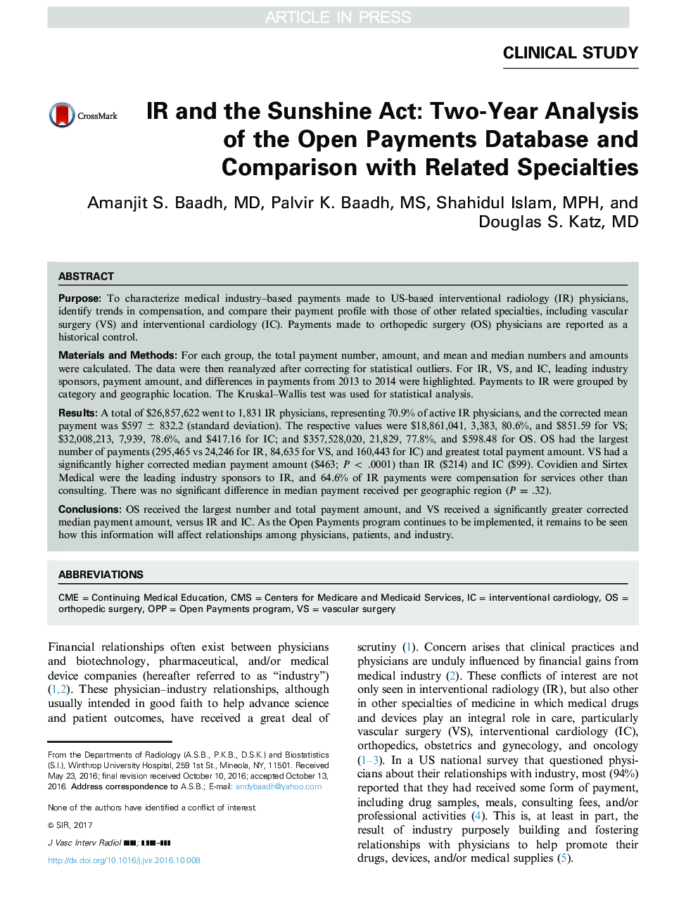 IR and the Sunshine Act: Two-Year Analysis of the Open Payments Database and Comparison with Related Specialties