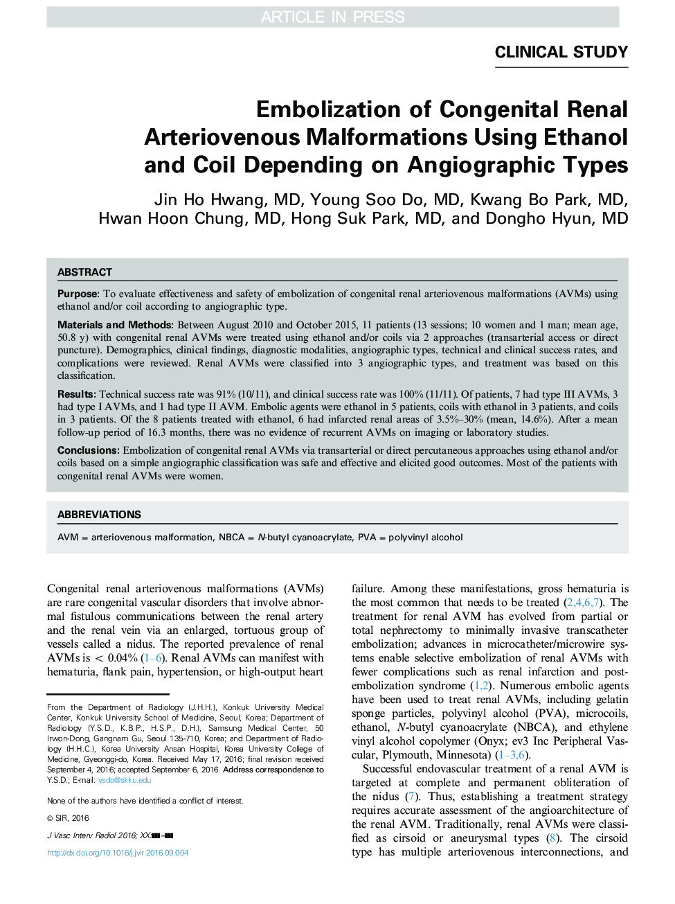 Embolization of Congenital Renal Arteriovenous Malformations Using Ethanol and Coil Depending on Angiographic Types