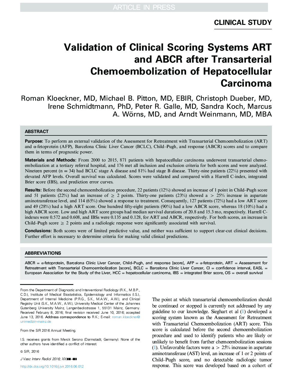 Validation of Clinical Scoring Systems ART and ABCR after Transarterial Chemoembolization of Hepatocellular Carcinoma