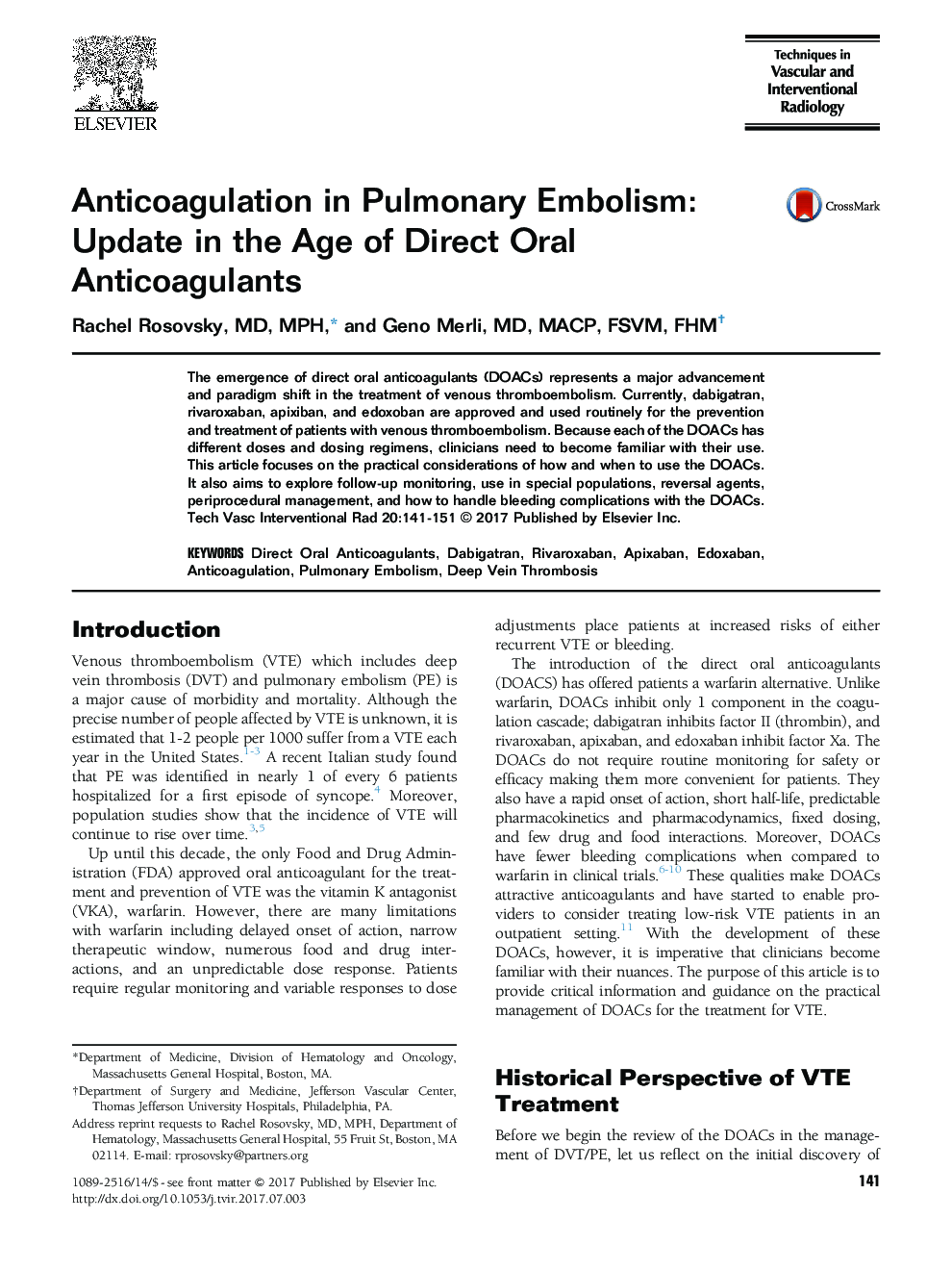 Anticoagulation in Pulmonary Embolism: Update in the Age of Direct Oral Anticoagulants