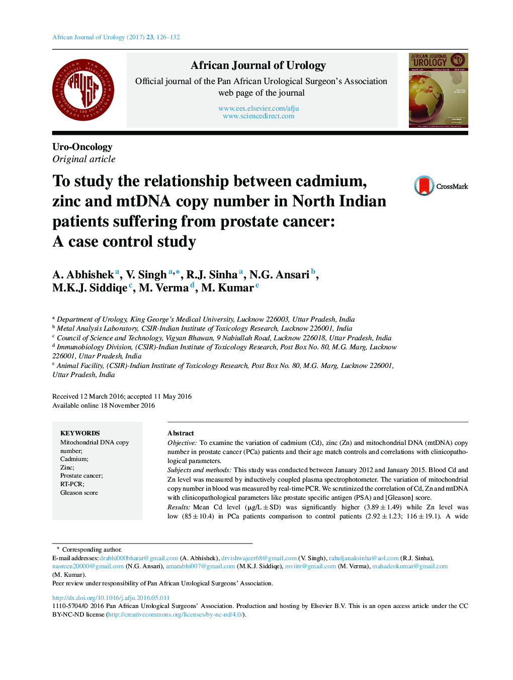 Uro-OncologyOriginal articleTo study the relationship between cadmium, zinc and mtDNA copy number in North Indian patients suffering from prostate cancer: A case control study
