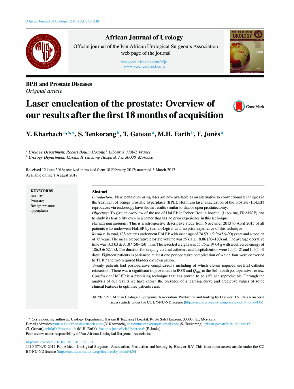 BPH and Prostate DiseasesOriginal articleLaser enucleation of the prostate: Overview of our results after the first 18 months of acquisition