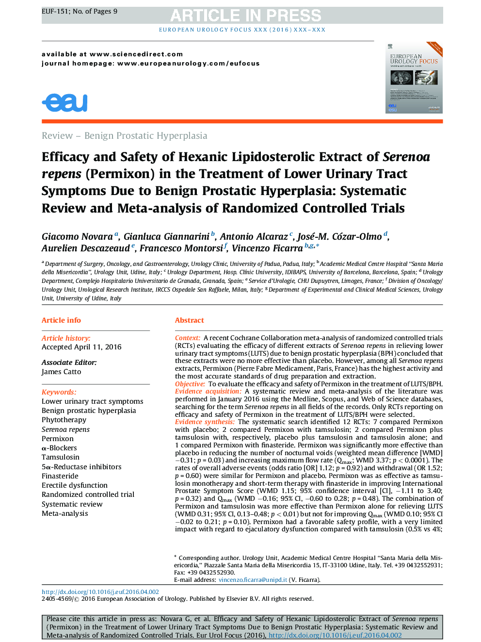 Efficacy and Safety of Hexanic Lipidosterolic Extract of Serenoa repens (Permixon) in the Treatment of Lower Urinary Tract Symptoms Due to Benign Prostatic Hyperplasia: Systematic Review and Meta-analysis of Randomized Controlled Trials