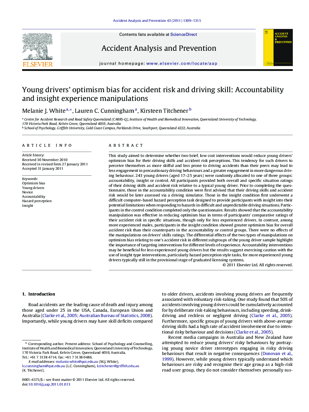 Young drivers’ optimism bias for accident risk and driving skill: Accountability and insight experience manipulations