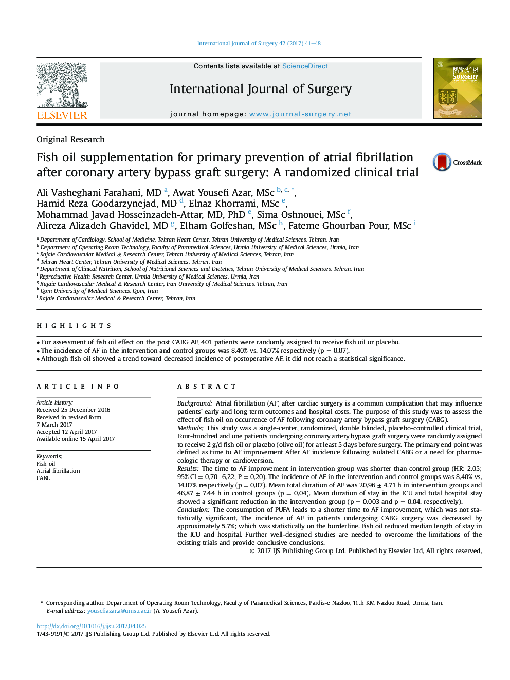 Original ResearchFish oil supplementation for primary prevention of atrial fibrillation after coronary artery bypass graft surgery: A randomized clinical trial