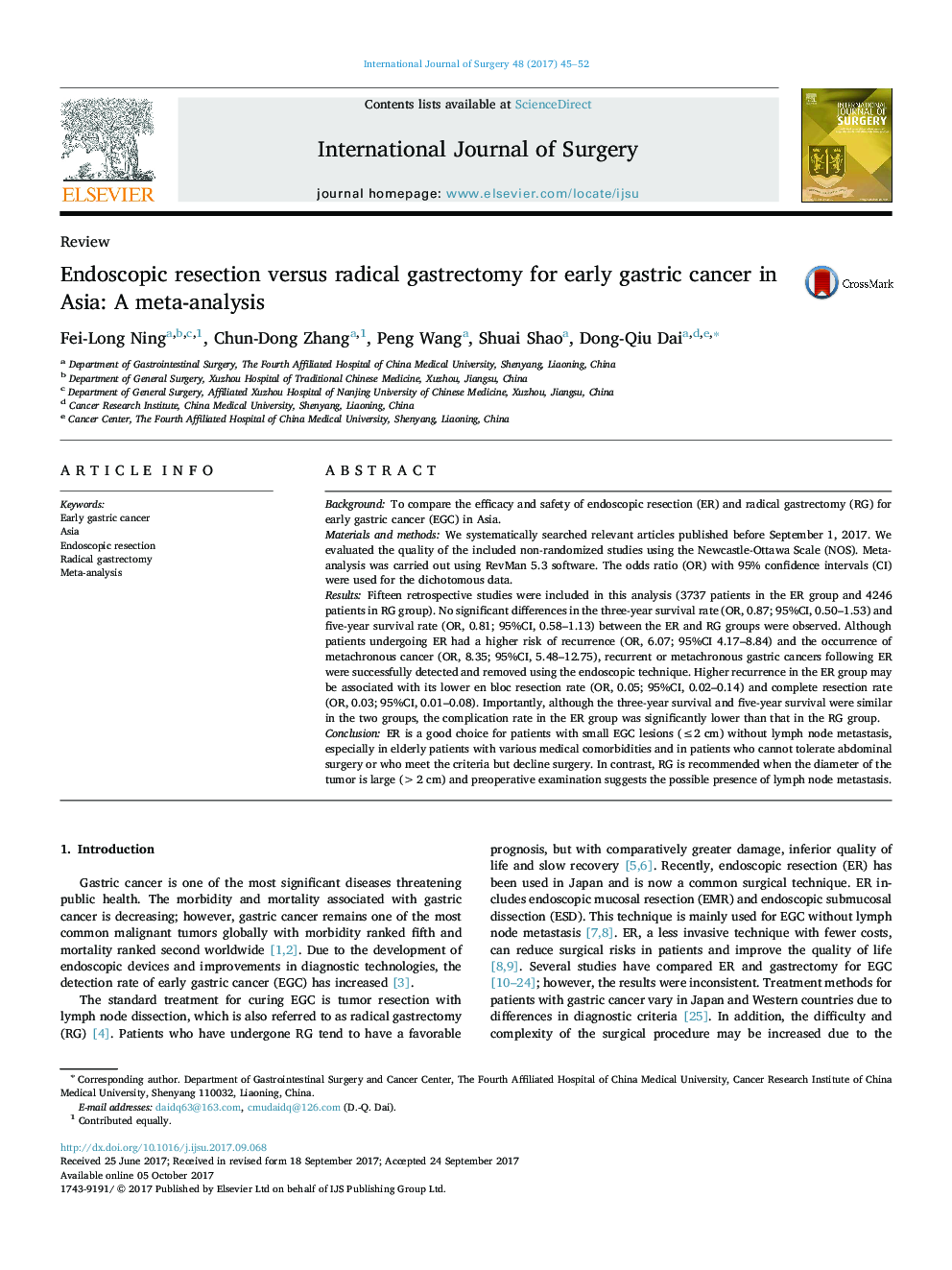 بررسی مجدد اندوسکوپی در برابر گاسترکتومی رادیکال برای سرطان زودرس معده در آسیا: یک متاآنالیز 