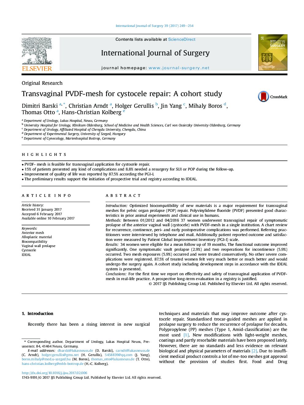 Original ResearchTransvaginal PVDF-mesh for cystocele repair: A cohort study