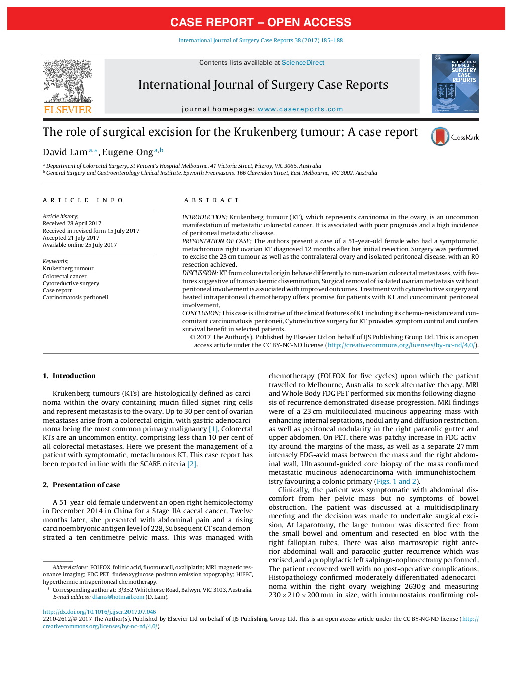 Case ReportThe role of surgical excision for the Krukenberg tumour: A case report