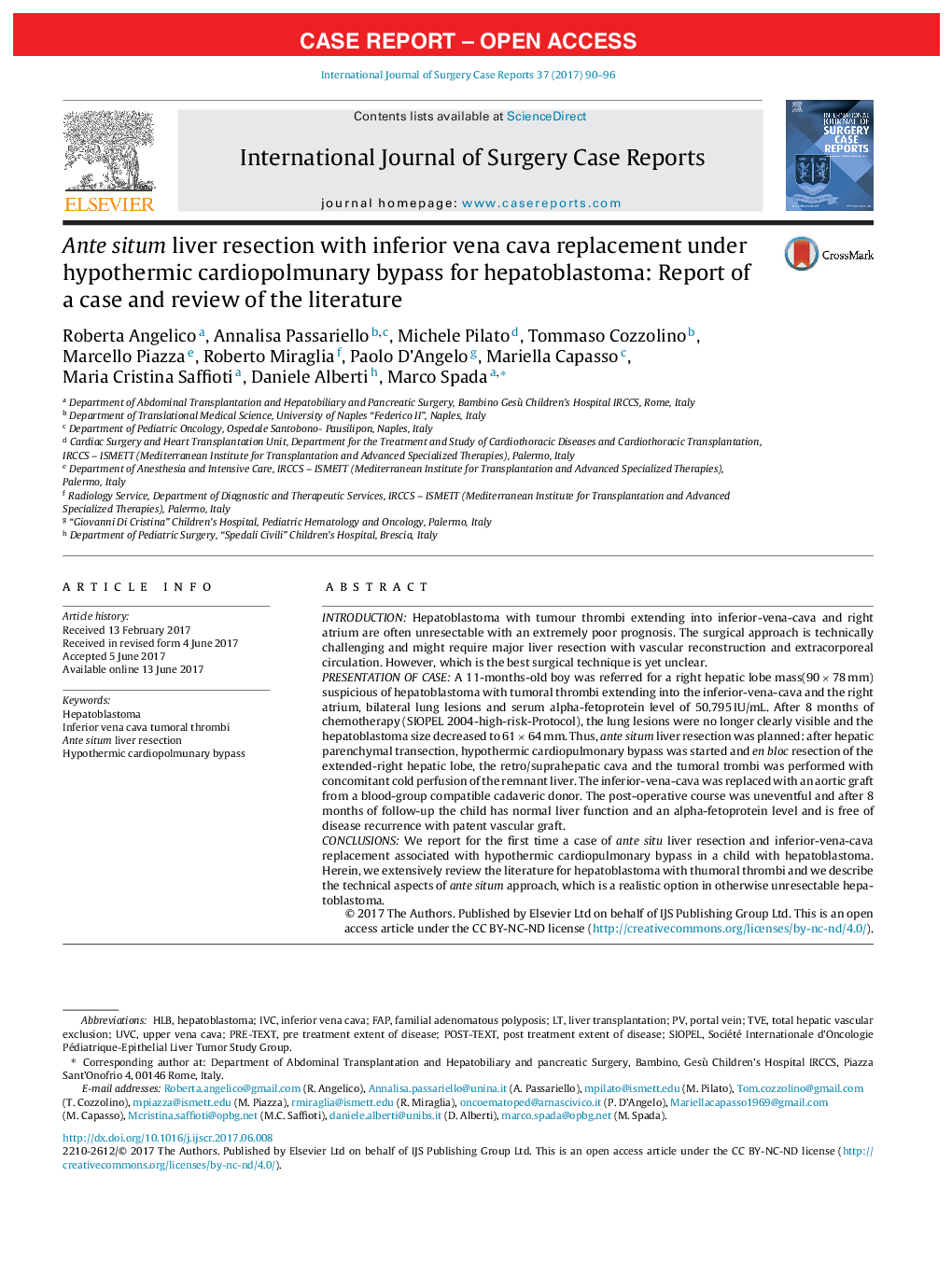 Case ReportAnte situm liver resection with inferior vena cava replacement under hypothermic cardiopolmunary bypass for hepatoblastoma: Report of a case and review of the literature