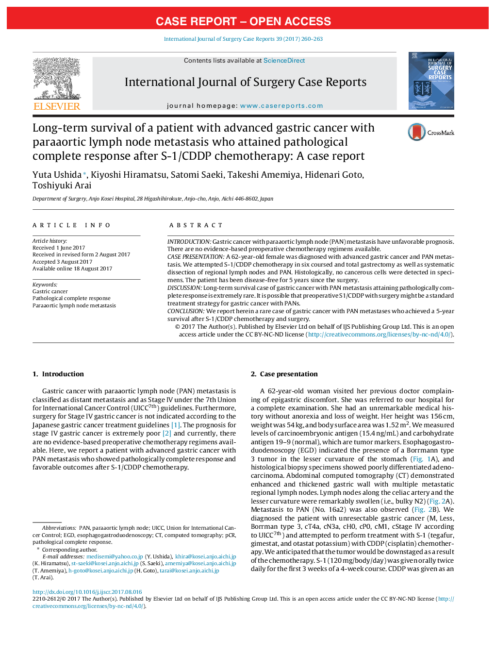 Case ReportLong-term survival of a patient with advanced gastric cancer with paraaortic lymph node metastasis who attained pathological complete response after S-1/CDDP chemotherapy: A case report