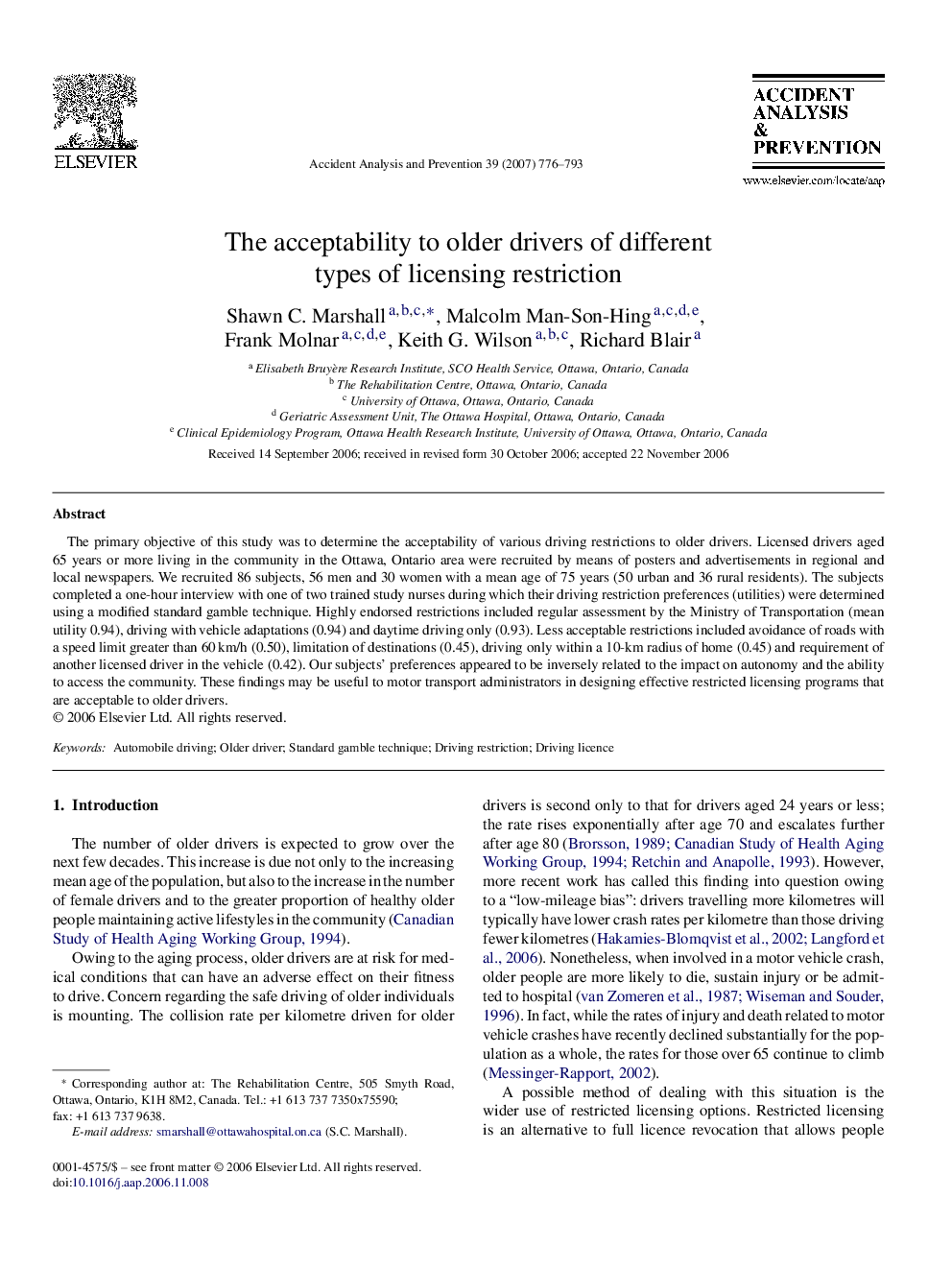 The acceptability to older drivers of different types of licensing restriction