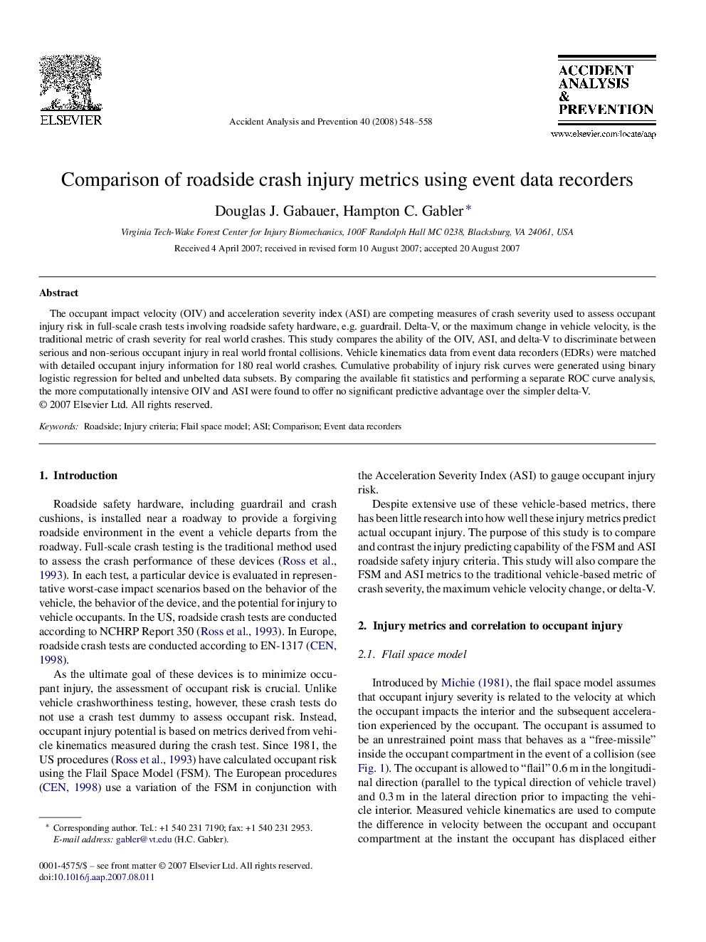 Comparison of roadside crash injury metrics using event data recorders