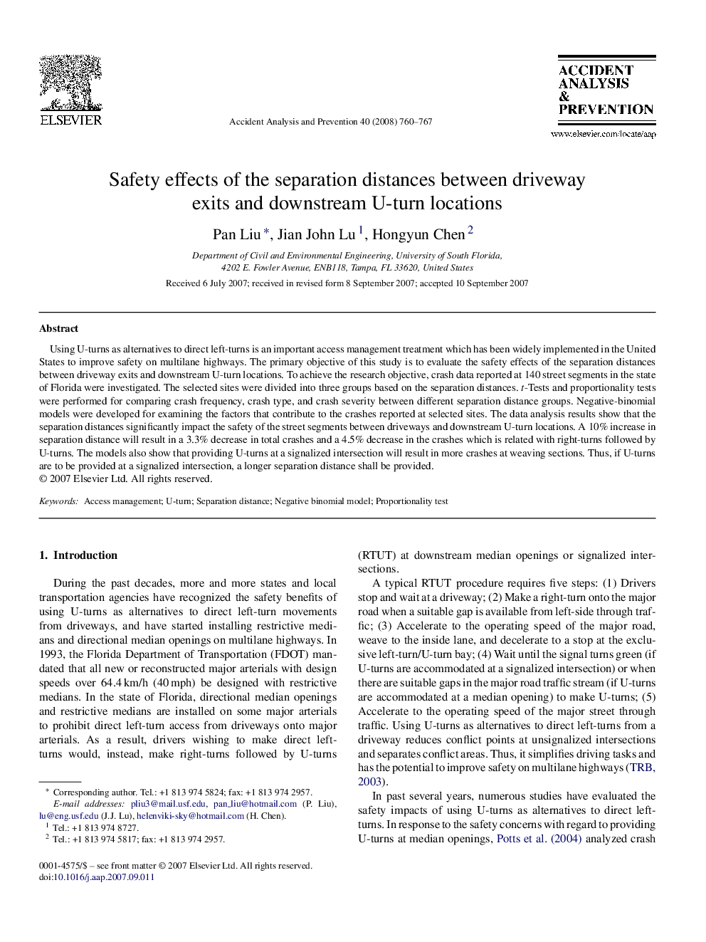 Safety effects of the separation distances between driveway exits and downstream U-turn locations