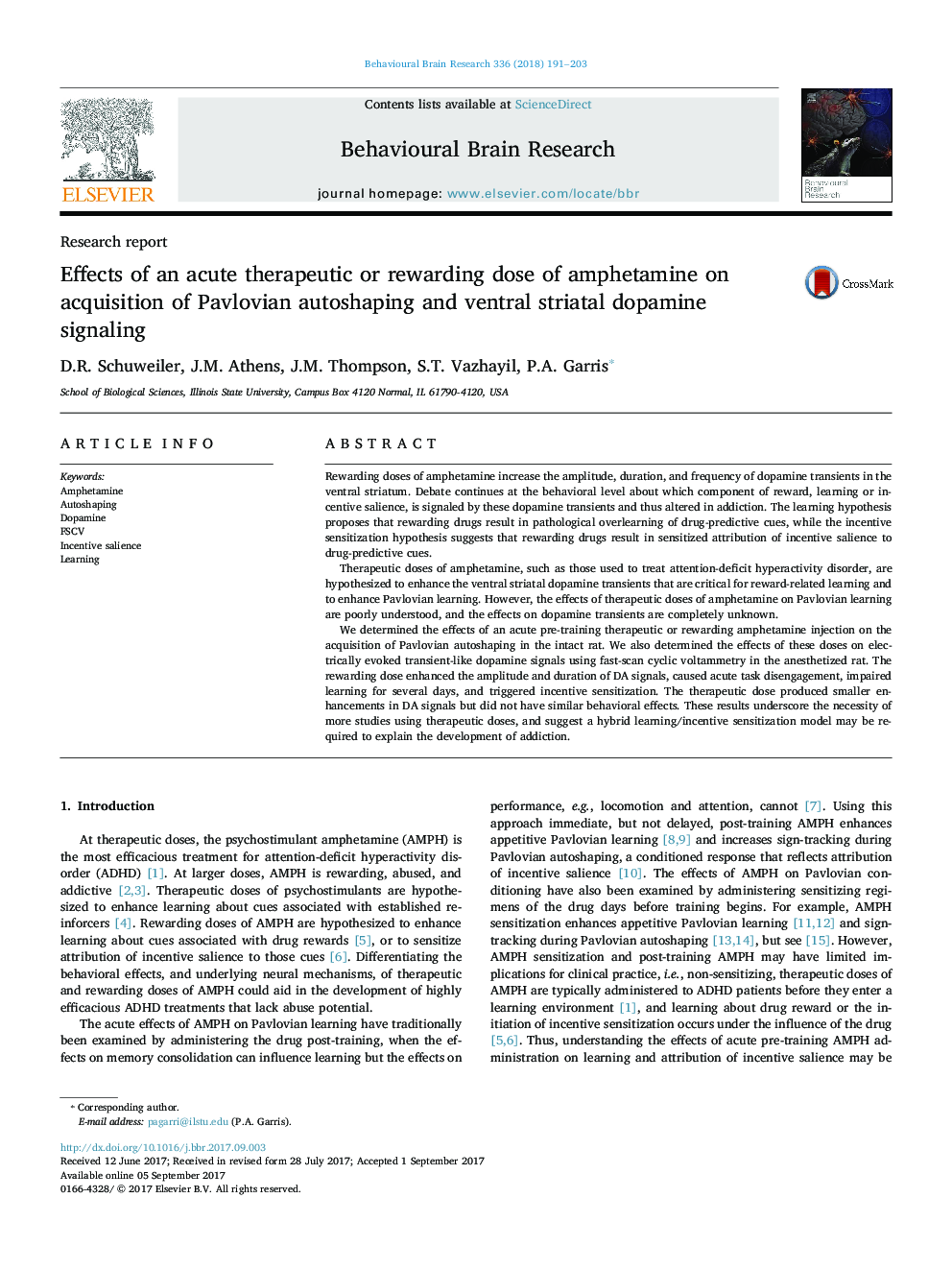 Effects of an acute therapeutic or rewarding dose of amphetamine on acquisition of Pavlovian autoshaping and ventral striatal dopamine signaling