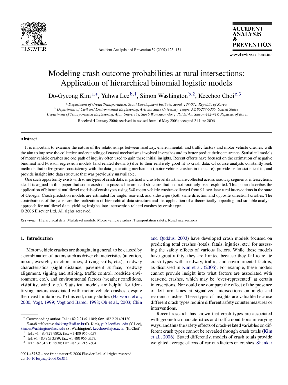 Modeling crash outcome probabilities at rural intersections: Application of hierarchical binomial logistic models