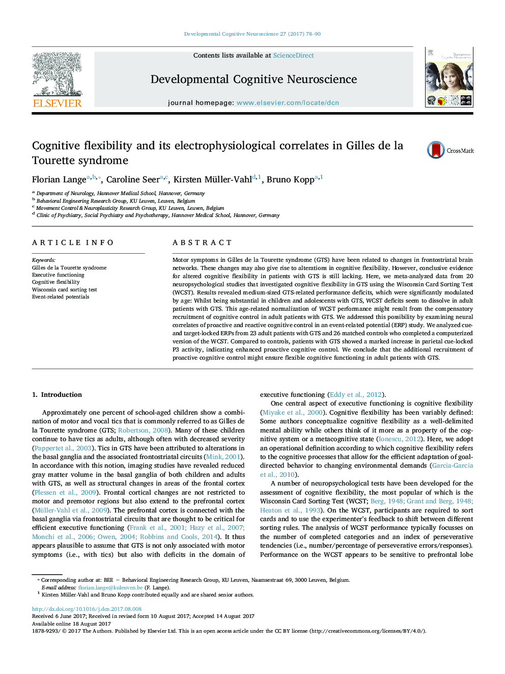Cognitive flexibility and its electrophysiological correlates in Gilles de la Tourette syndrome