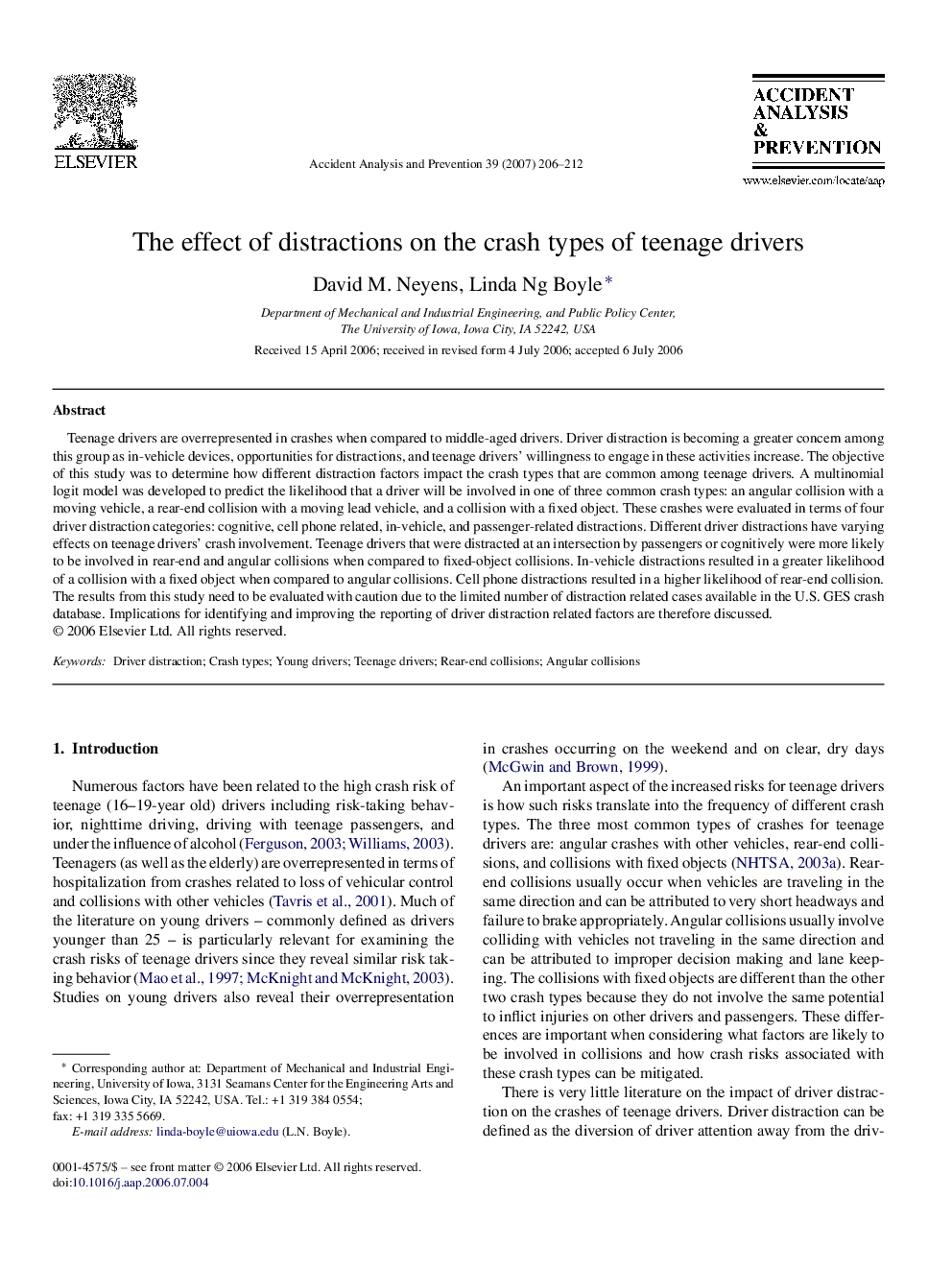 The effect of distractions on the crash types of teenage drivers