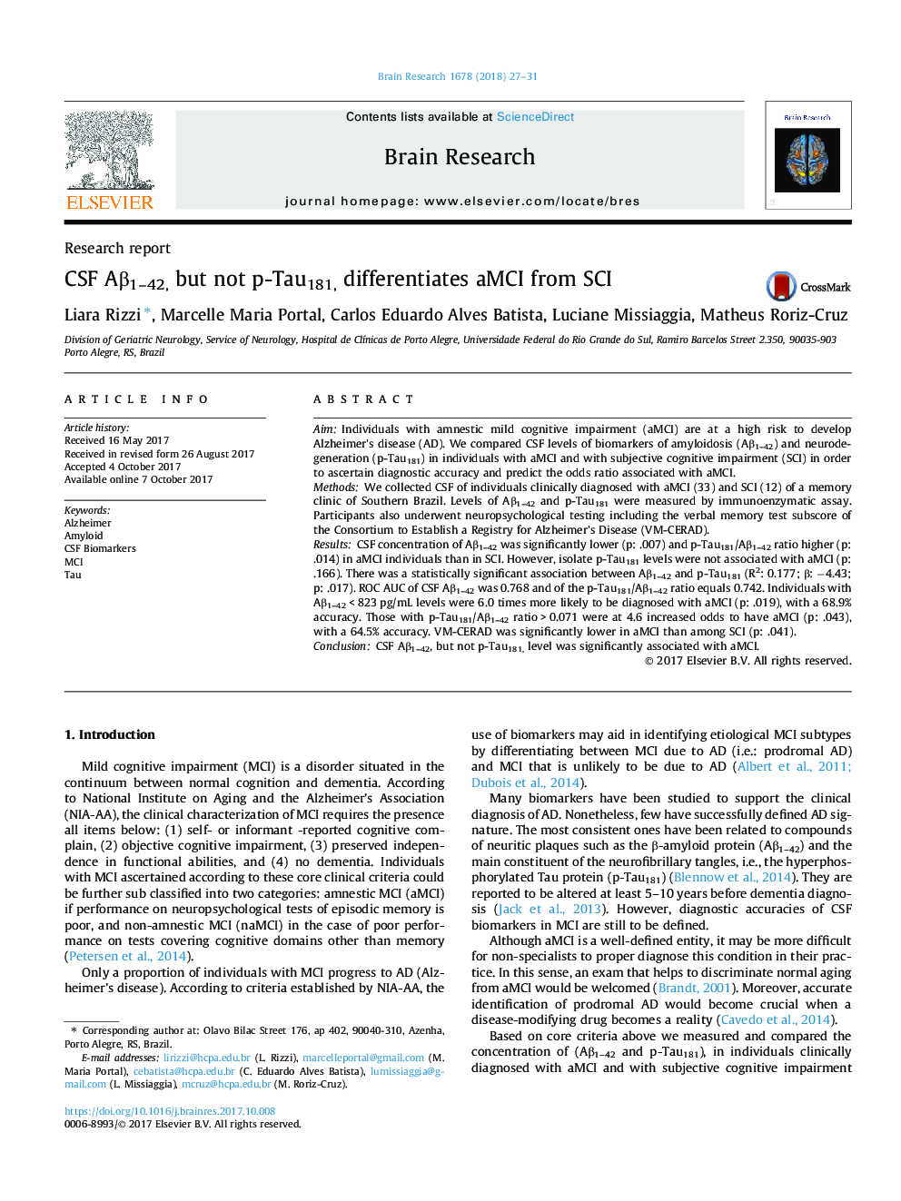 CSF AÎ²1-42, but not p-Tau181, differentiates aMCI from SCI