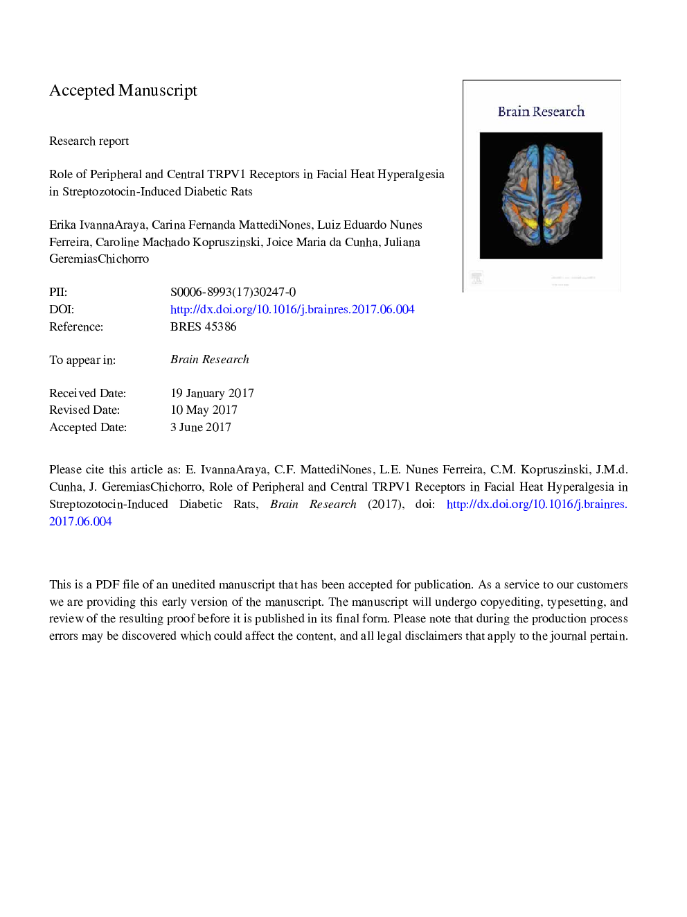 Role of peripheral and central TRPV1 receptors in facial heat hyperalgesia in streptozotocin-induced diabetic rats