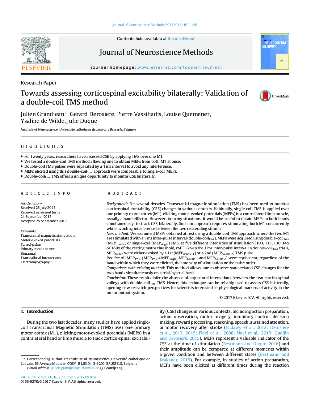 Research PaperTowards assessing corticospinal excitability bilaterally: Validation of a double-coil TMS method