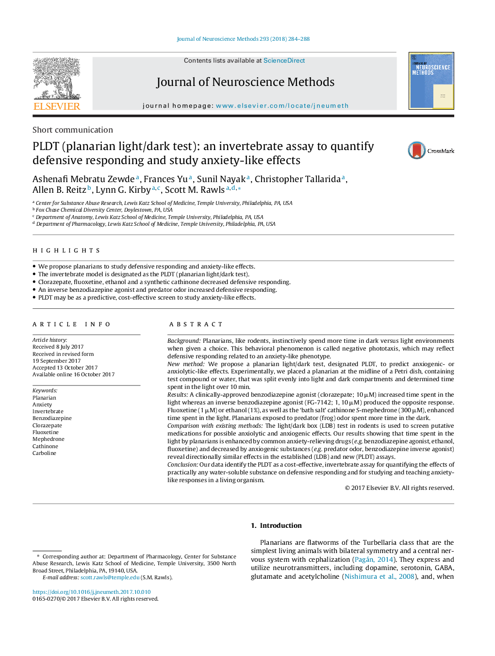 PLDT (planarian light/dark test): an invertebrate assay to quantify defensive responding and study anxiety-like effects