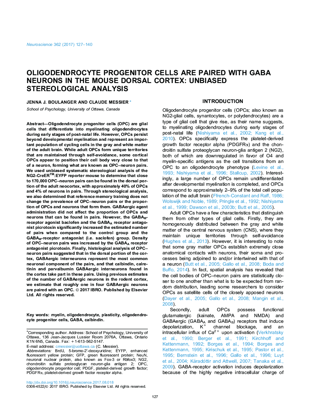 Oligodendrocyte progenitor cells are paired with GABA neurons in the mouse dorsal cortex: Unbiased stereological analysis