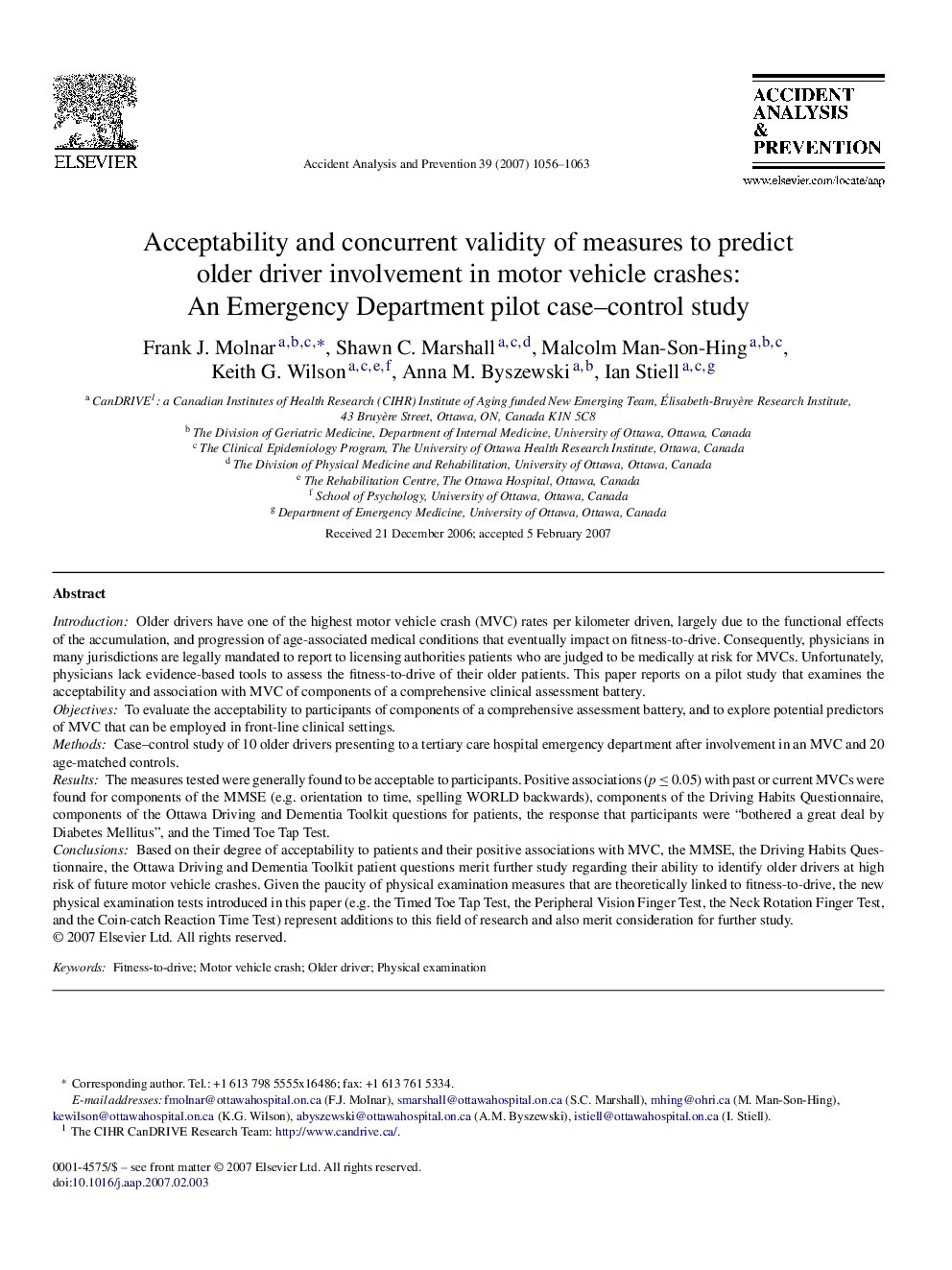 Acceptability and concurrent validity of measures to predict older driver involvement in motor vehicle crashes: An Emergency Department pilot case–control study