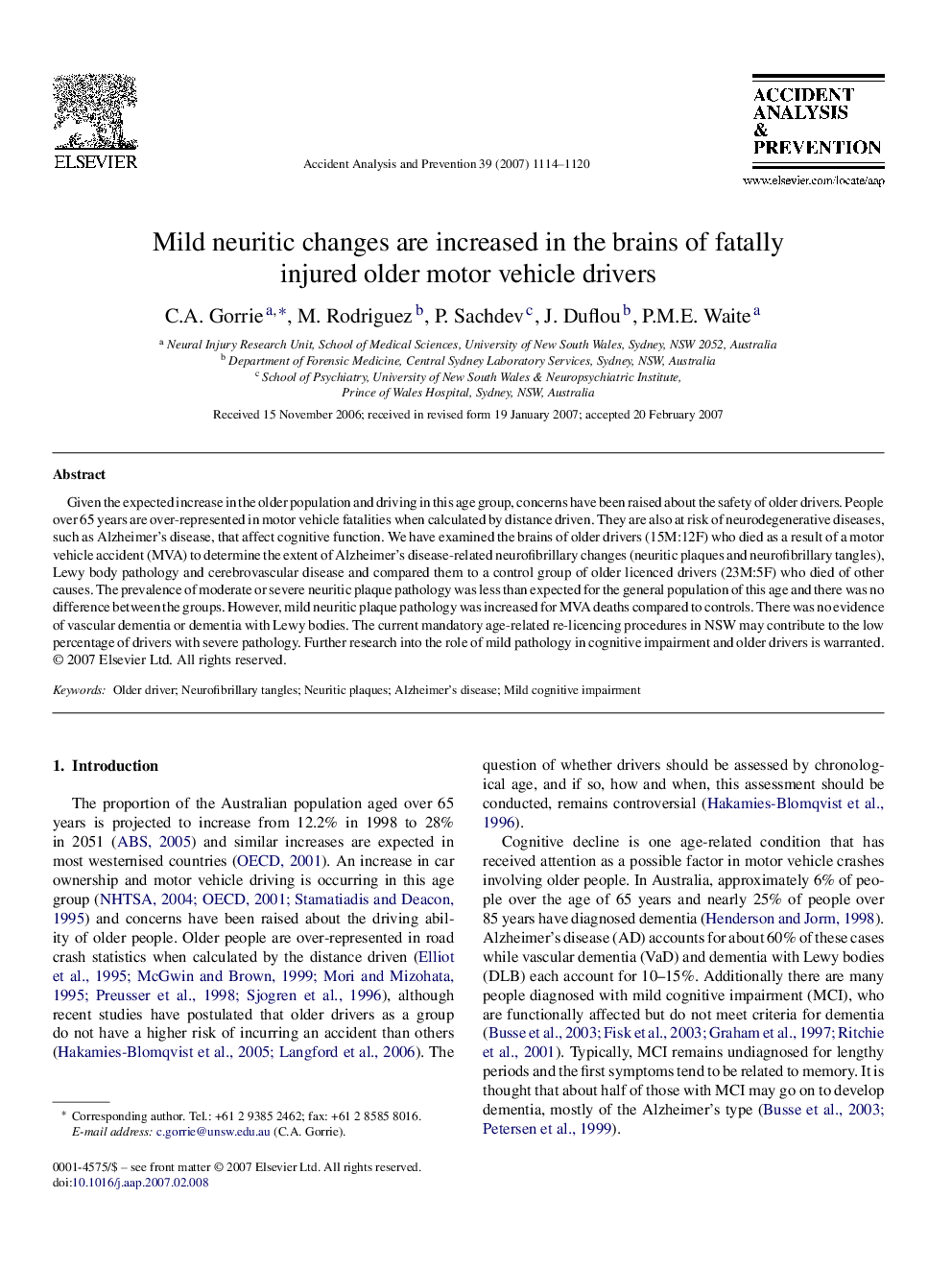 Mild neuritic changes are increased in the brains of fatally injured older motor vehicle drivers