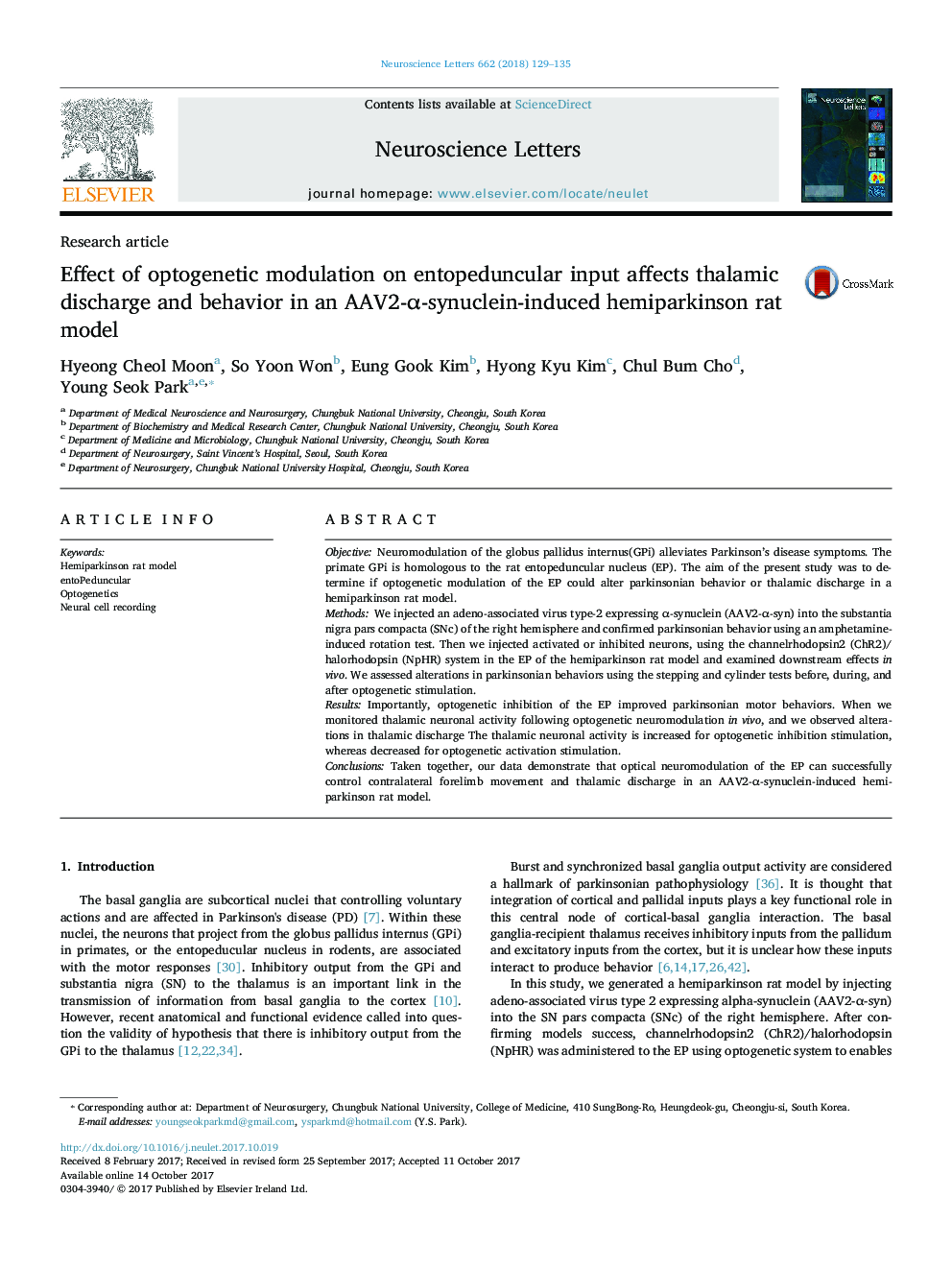 Research articleEffect of optogenetic modulation on entopeduncular input affects thalamic discharge and behavior in an AAV2-Î±-synuclein-induced hemiparkinson rat model