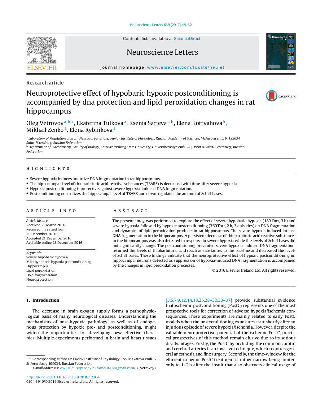 Research articleNeuroprotective effect of hypobaric hypoxic postconditioning is accompanied by dna protection and lipid peroxidation changes in rat hippocampus