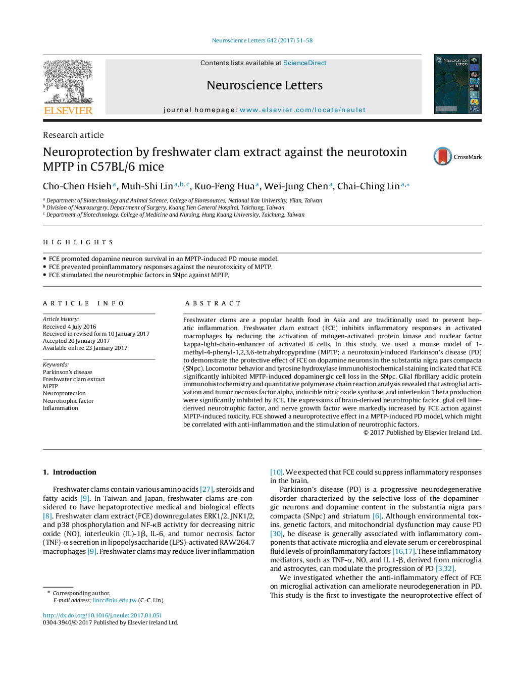 Research articleNeuroprotection by freshwater clam extract against the neurotoxin MPTP in C57BL/6 mice