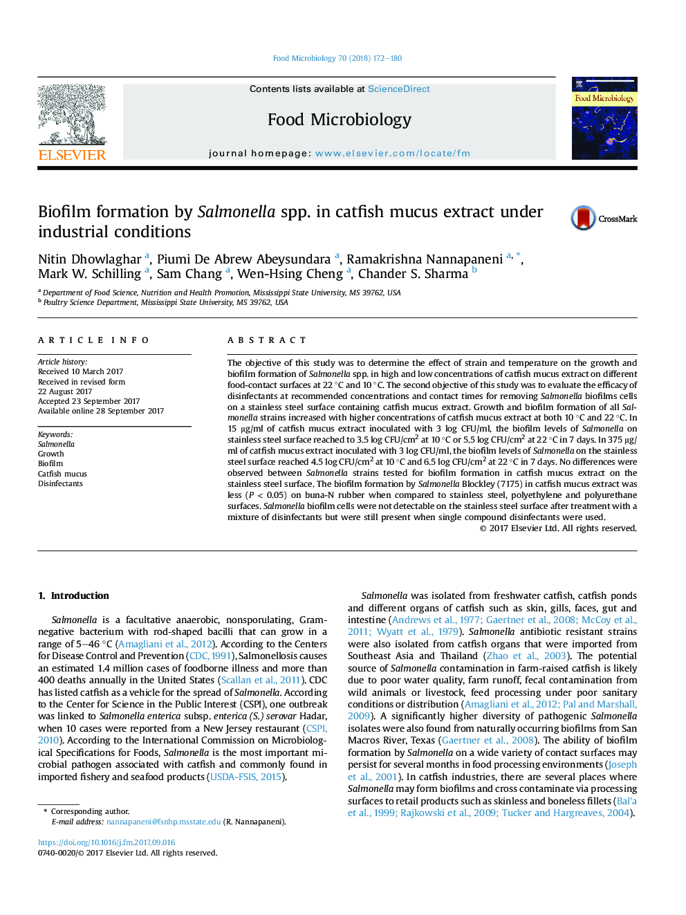 Biofilm formation by Salmonella spp. in catfish mucus extract under industrial conditions