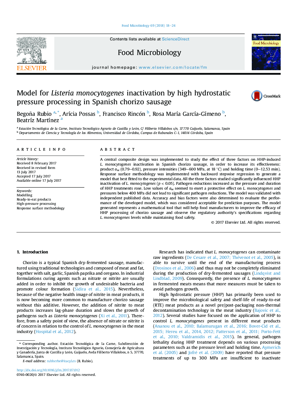 Model for Listeria monocytogenes inactivation by high hydrostatic pressure processing in Spanish chorizo sausage