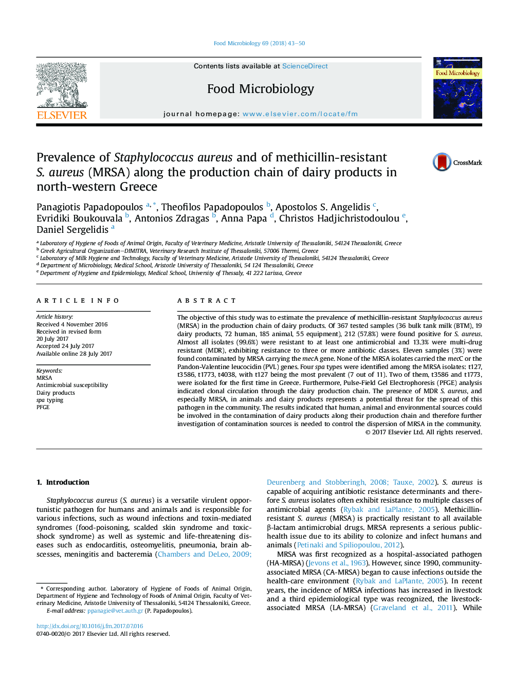Prevalence of Staphylococcus aureus and of methicillin-resistant S.Â aureus (MRSA) along the production chain of dairy products in north-western Greece