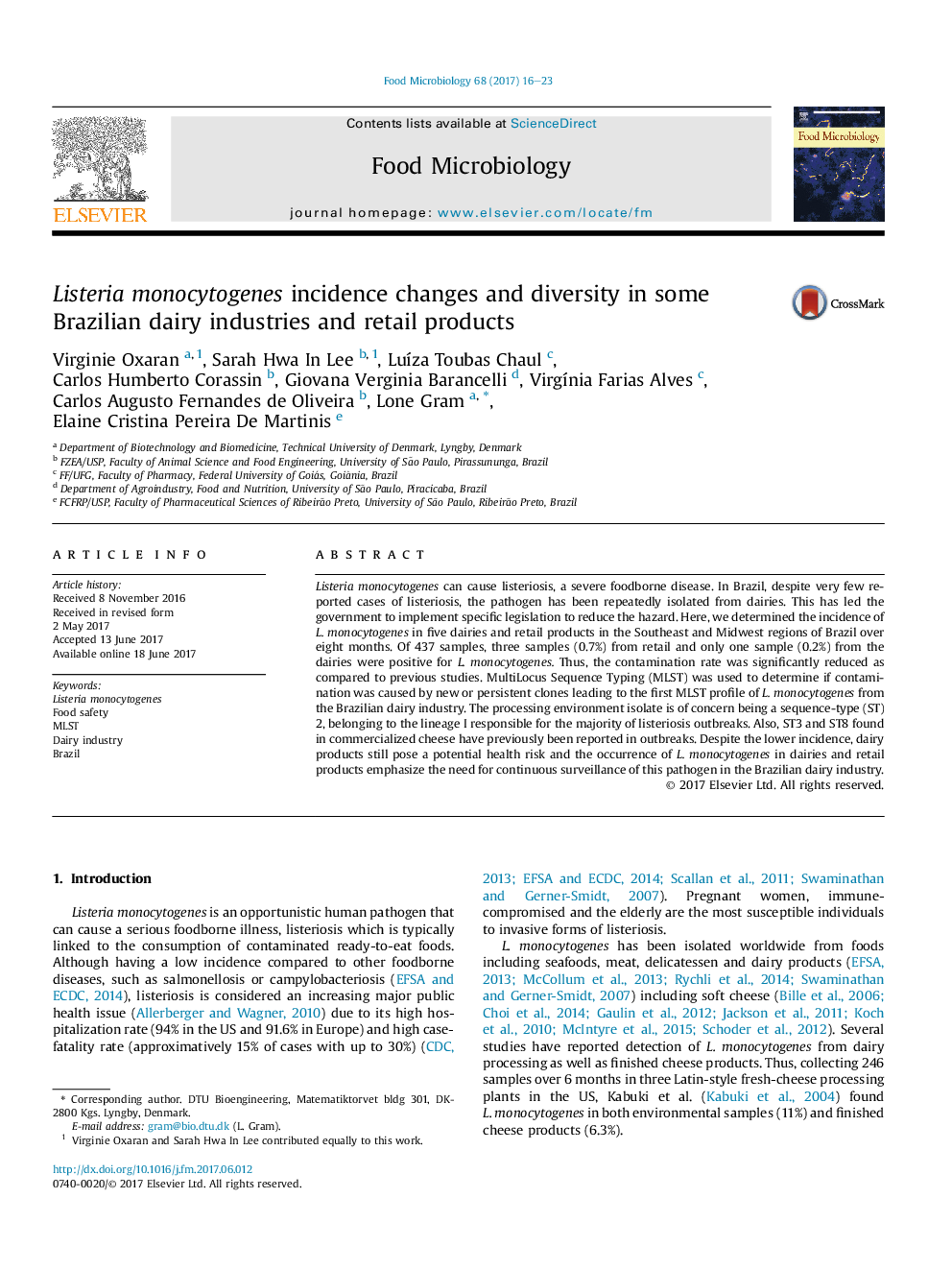 Listeria monocytogenes incidence changes and diversity in some Brazilian dairy industries and retail products