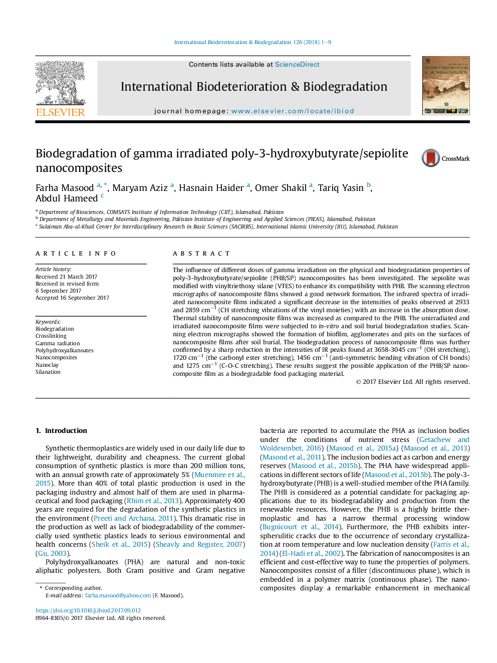 Biodegradation of gamma irradiated poly-3-hydroxybutyrate/sepiolite nanocomposites
