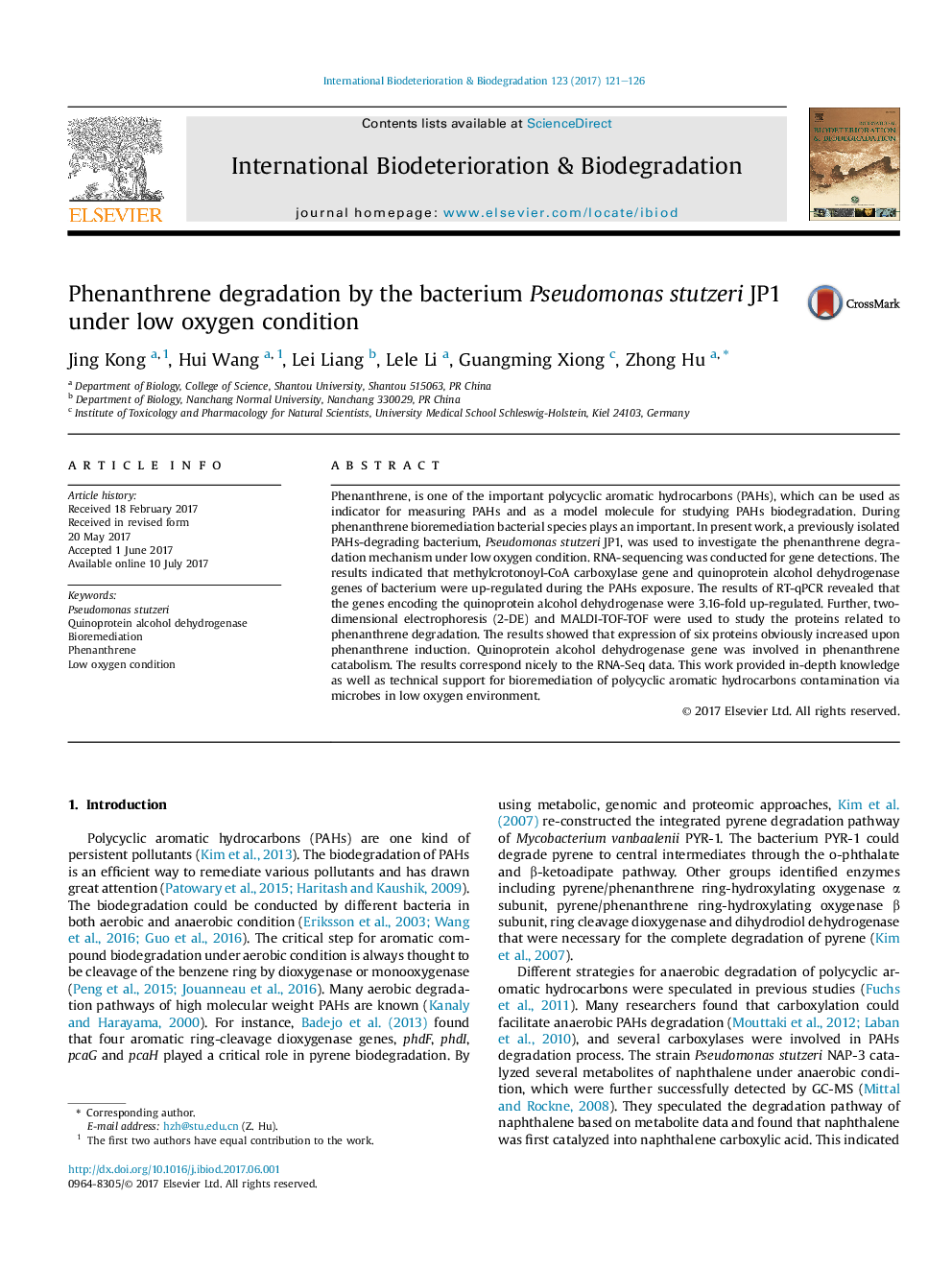 Phenanthrene degradation by the bacterium Pseudomonas stutzeri JP1 under low oxygen condition