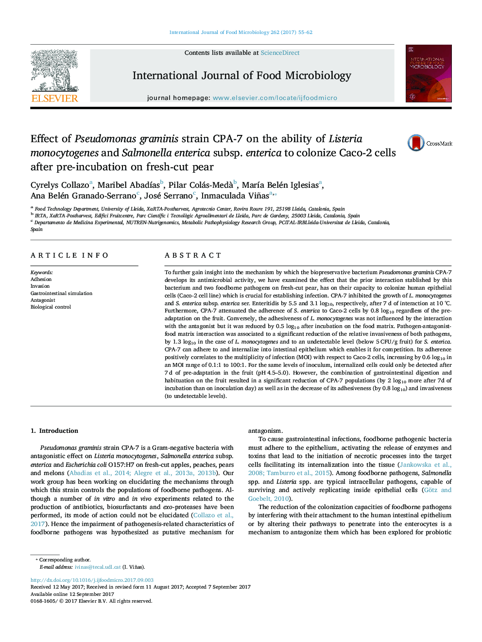 Effect of Pseudomonas graminis strain CPA-7 on the ability of Listeria monocytogenes and Salmonella enterica subsp. enterica to colonize Caco-2 cells after pre-incubation on fresh-cut pear