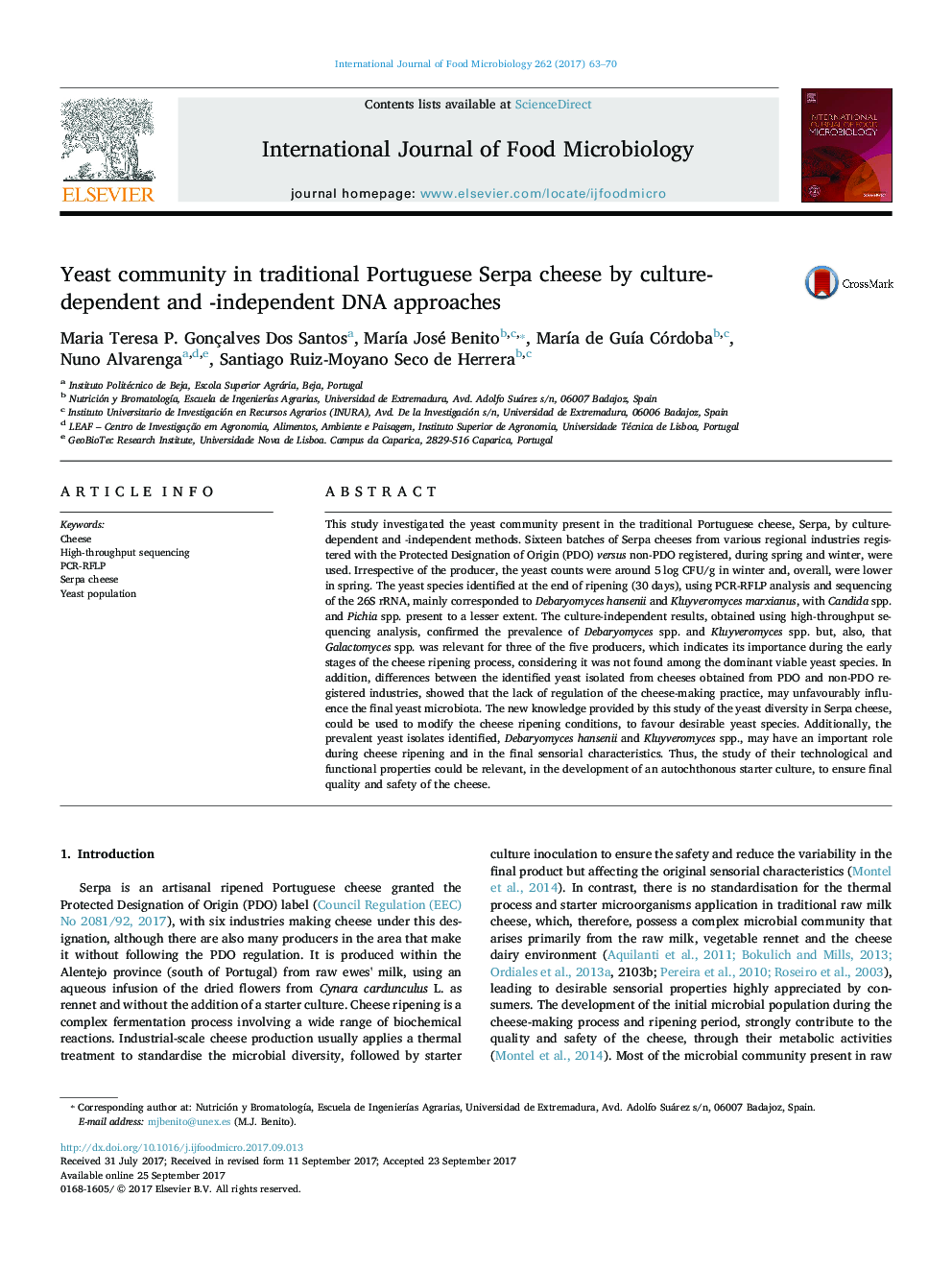 Yeast community in traditional Portuguese Serpa cheese by culture-dependent and -independent DNA approaches