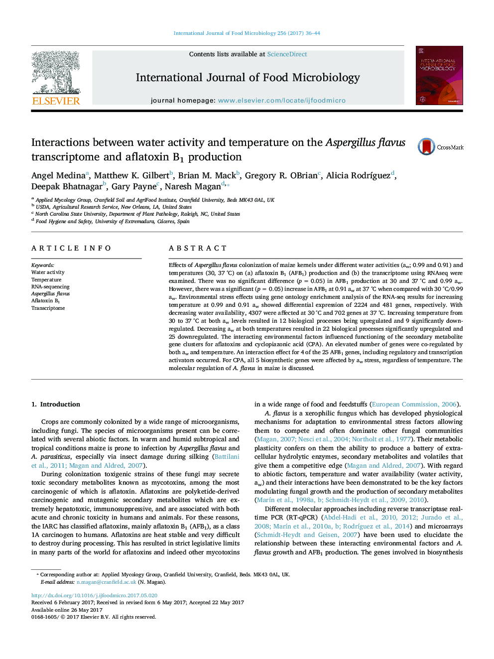 Interactions between water activity and temperature on the Aspergillus flavus transcriptome and aflatoxin B1 production