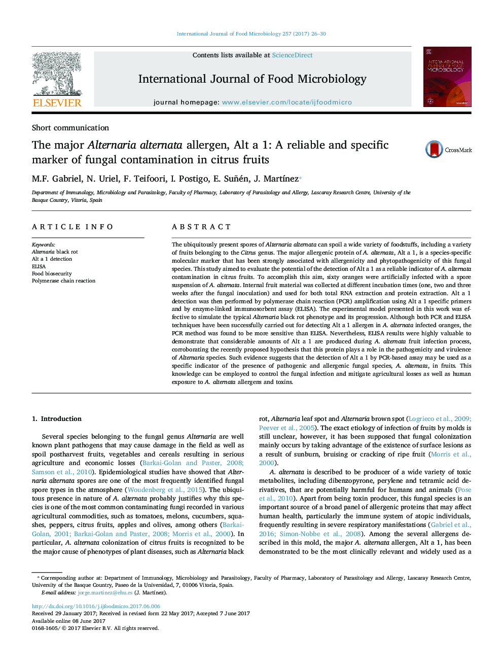 Short communicationThe major Alternaria alternata allergen, Alt a 1: A reliable and specific marker of fungal contamination in citrus fruits