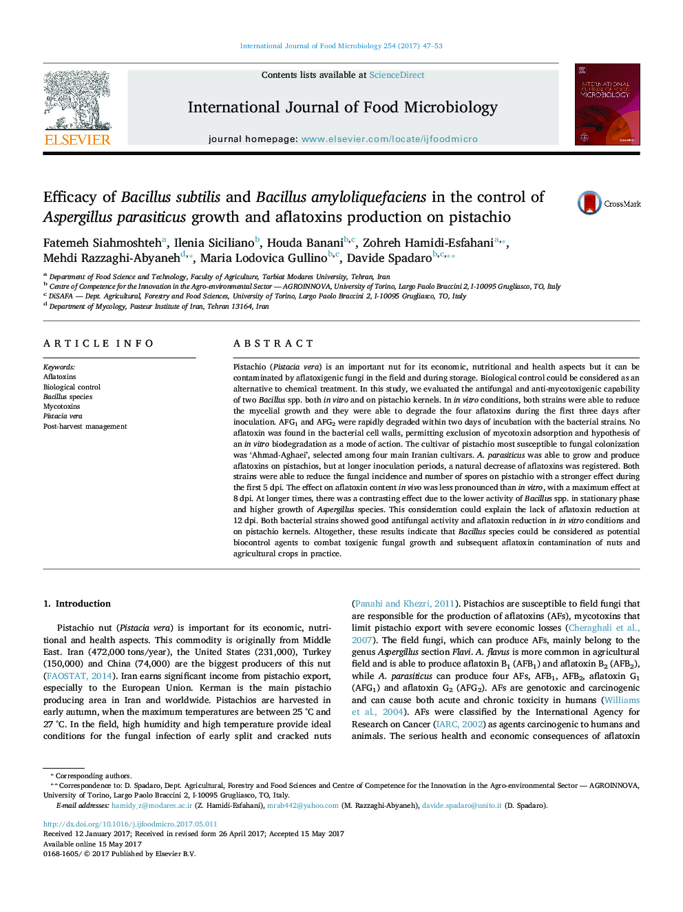 Efficacy of Bacillus subtilis and Bacillus amyloliquefaciens in the control of Aspergillus parasiticus growth and aflatoxins production on pistachio