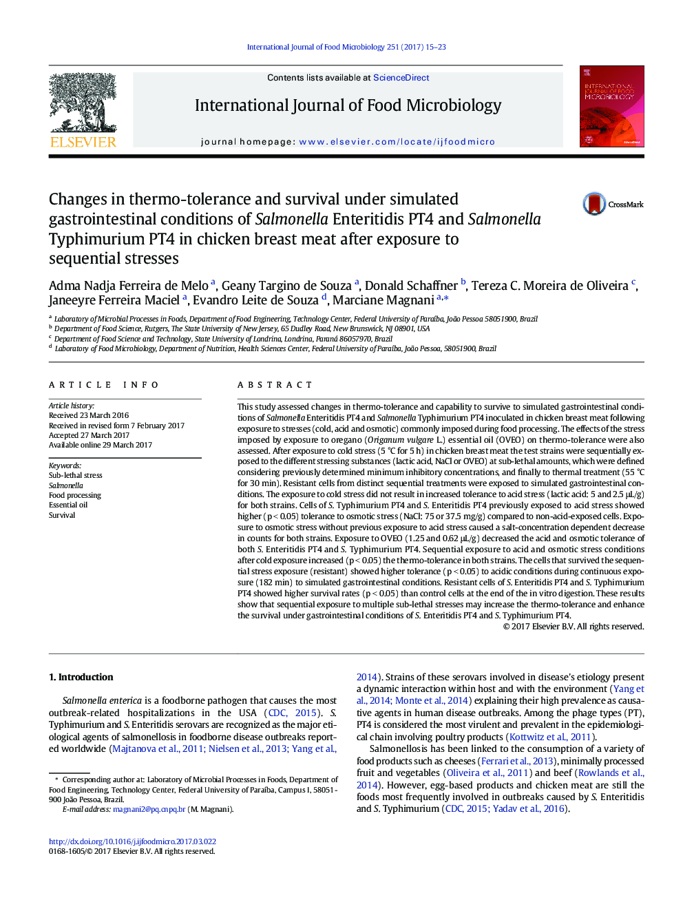 Changes in thermo-tolerance and survival under simulated gastrointestinal conditions of Salmonella Enteritidis PT4 and Salmonella Typhimurium PT4 in chicken breast meat after exposure to sequential stresses
