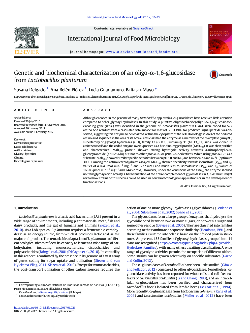 Genetic and biochemical characterization of an oligo-Î±-1,6-glucosidase from Lactobacillus plantarum
