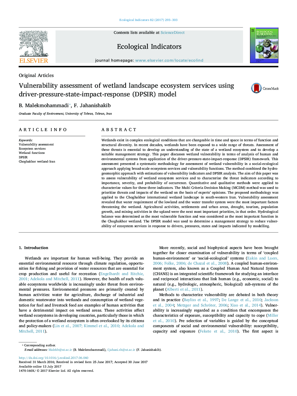 Original ArticlesVulnerability assessment of wetland landscape ecosystem services using driver-pressure-state-impact-response (DPSIR) model