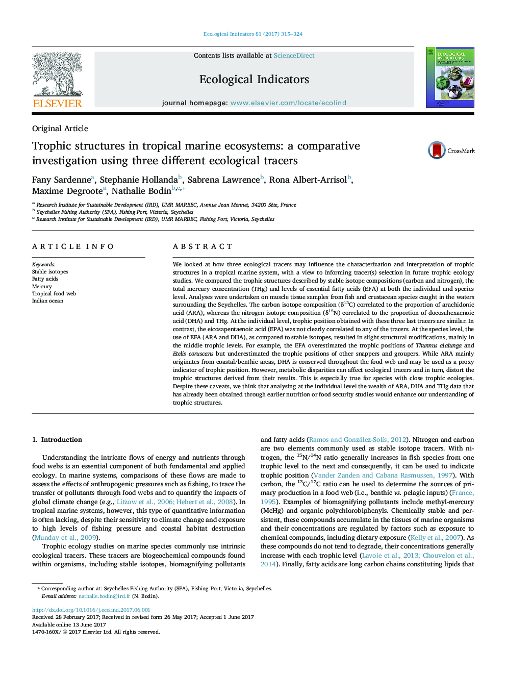 سازه های اصلی مقاله در ساختارهای اکوسیستم دریایی گرمسیری: یک مطالعه مقایسه ای با استفاده از سه تکه های مختلف اکولوژیکی 