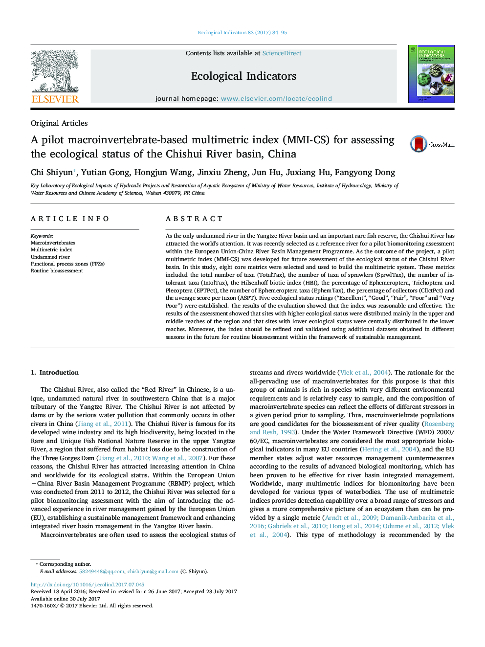 Original ArticlesA pilot macroinvertebrate-based multimetric index (MMI-CS) for assessing the ecological status of the Chishui River basin, China