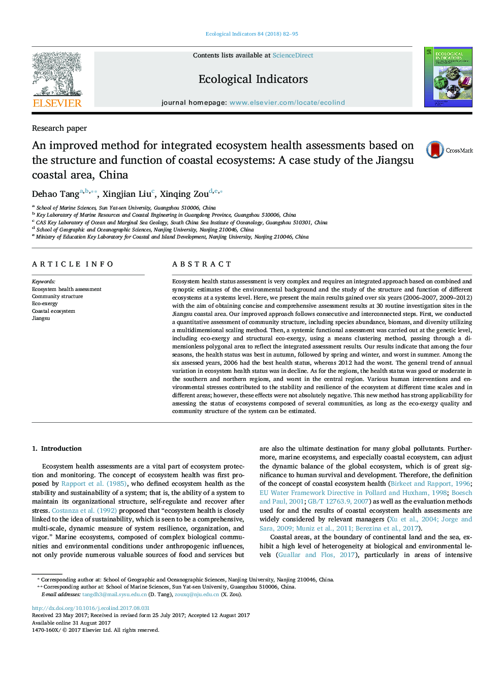 یک روش بهبود یافته برای ارزیابی سلامت اکوسیستم های یکپارچه بر اساس ساختار و عملکرد اکوسیستم های ساحلی: مطالعه موردی منطقه ساحلی جیانگ سو، چین