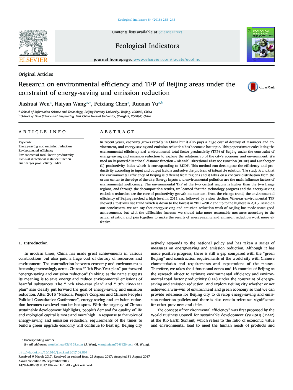 Original ArticlesResearch on environmental efficiency and TFP of Beijing areas under the constraint of energy-saving and emission reduction