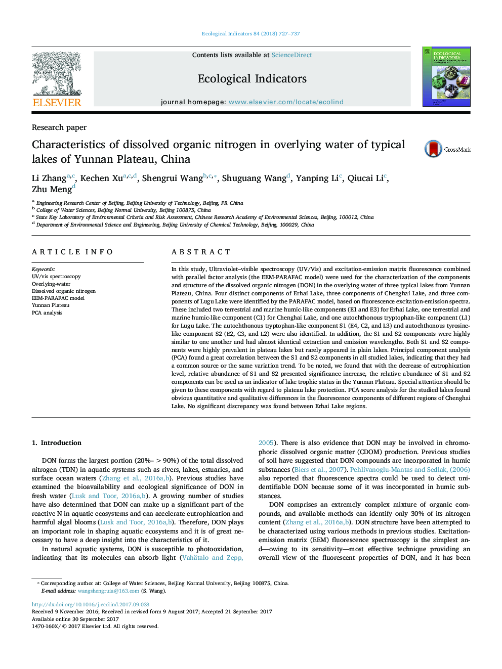 Research paperCharacteristics of dissolved organic nitrogen in overlying water of typical lakes of Yunnan Plateau, China